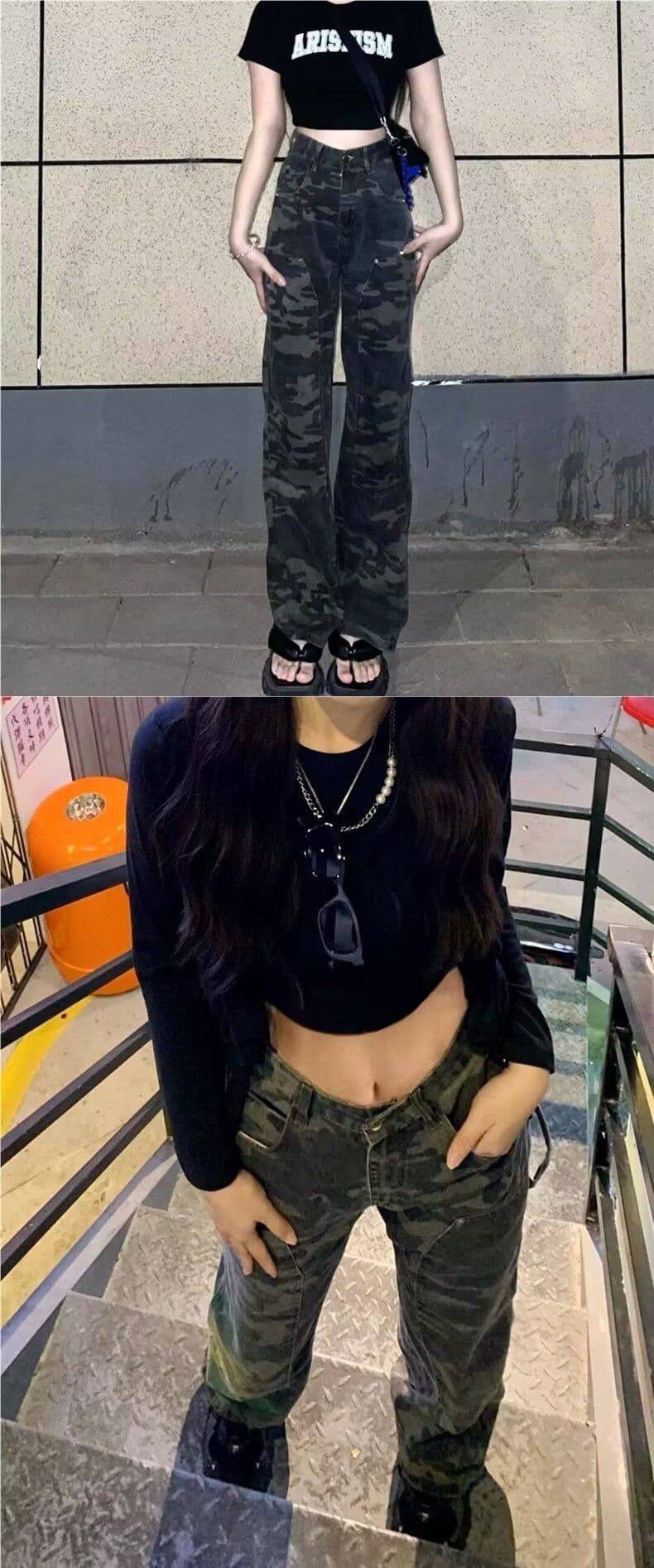 아메리칸 레트로 핫걸 카모플라주 넓은 다리 청바지 여성 봄 여름 새로운 하이웨이스트 루즈핏 슬림해 보이는 스트레이트 바닥 청소 바지 상세 이미지 2