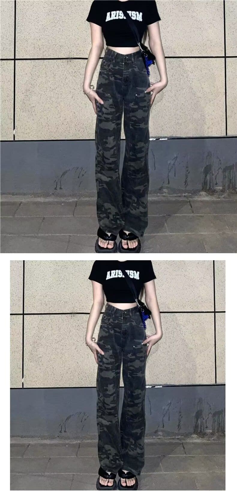 아메리칸 레트로 핫걸 카모플라주 넓은 다리 청바지 여성 봄 여름 새로운 하이웨이스트 루즈핏 슬림해 보이는 스트레이트 바닥 청소 바지 상세 이미지 3