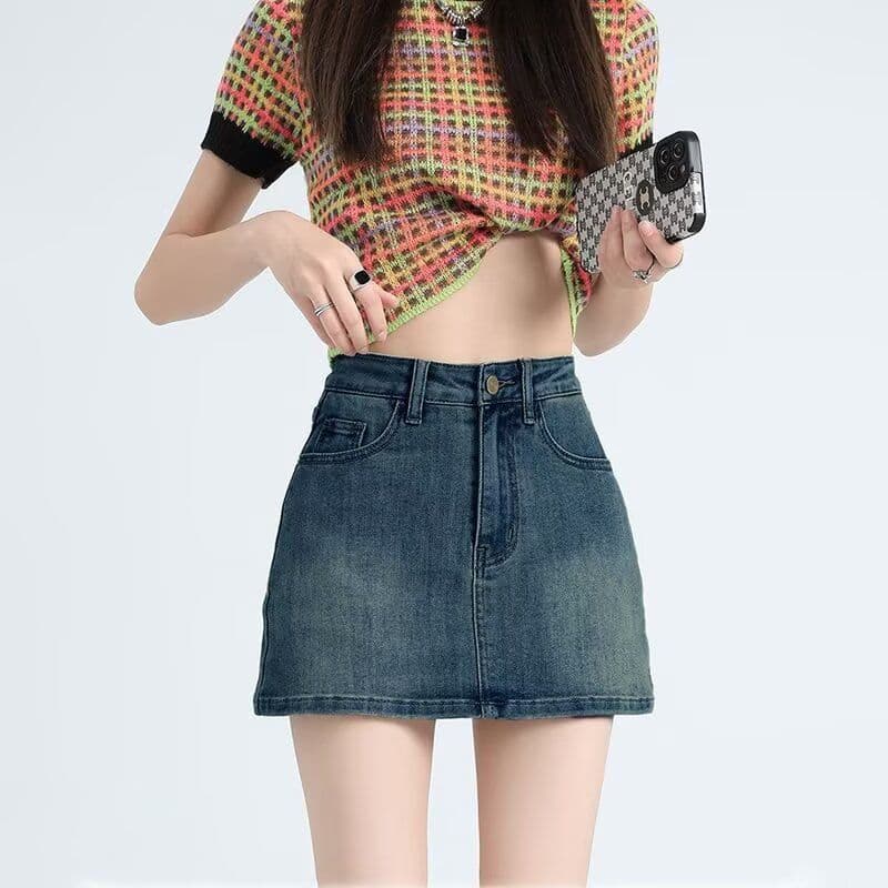 섹시함 레트로 데님 미니 스커트 여성 노출 방지 다용도 하이웨이스트 한 마디 슬림해 보이는 아메리칸 핫걸 타이트 스커트 반신 스커트 여름