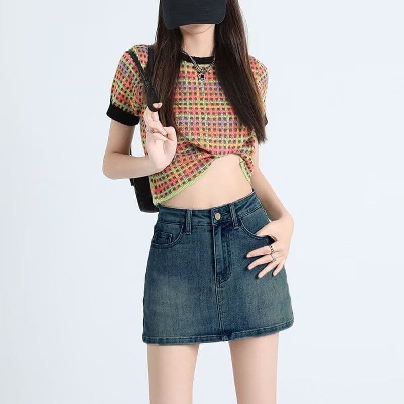 섹시함 레트로 데님 미니 스커트 여성 노출 방지 다용도 하이웨이스트 한 마디 슬림해 보이는 아메리칸 핫걸 타이트 스커트 반신 스커트 여름 상세 이미지 5