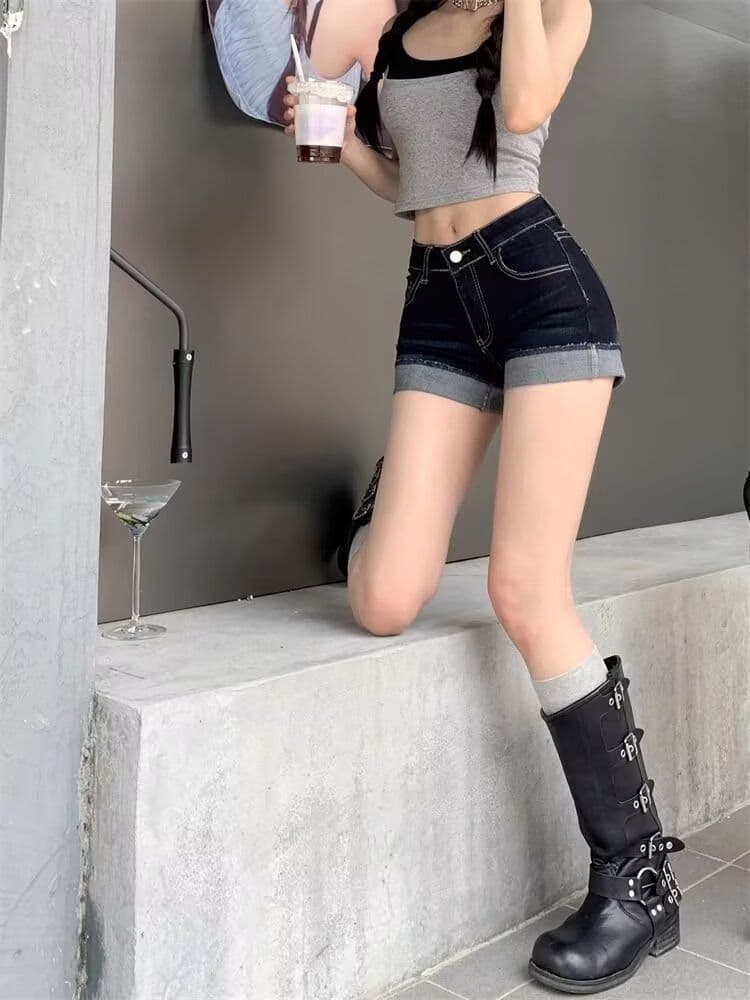 아메리칸 레트로 섹시함 데님 반바지 여성 2026 여름 로우 웨이스트 신축성 슬림해 보이는 배 모양 몸 볼륨 측면 핫 바지 상세 이미지 6