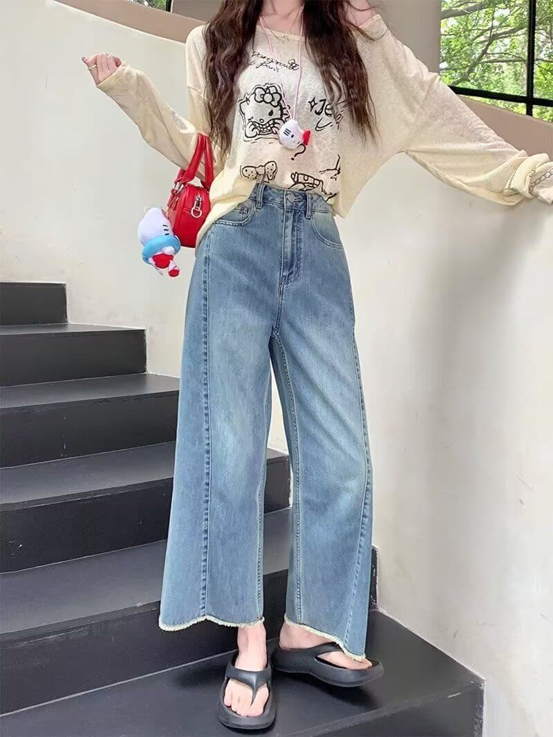 빅 사이즈 스트레이트 청바지 여성 봄 가을 새로운 통통한 여동생 배 모양 몸 루즈핏 작은 키 9 포인트 와이드 레그 팬츠 어린이 상세 이미지 14