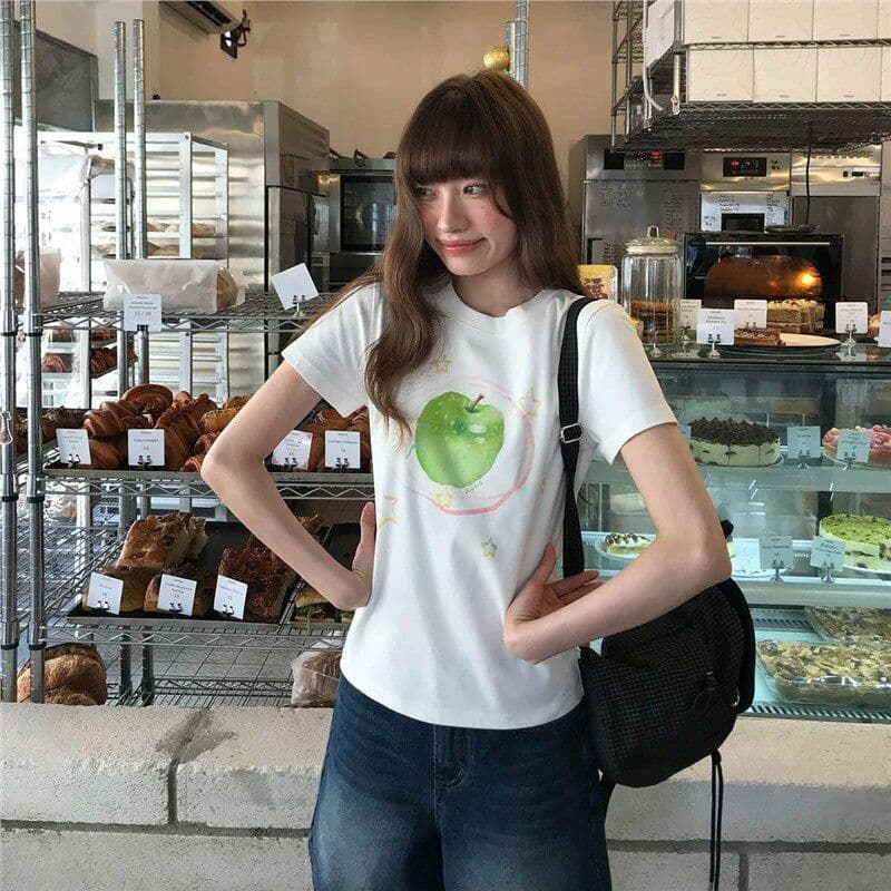 95 폴리에스터 차가운 실크 코튼 여름 상쾌 애플 프린트 반팔 티셔츠 여성 여름 라운드 넥 몸매 가꾸기 슬림해 보이는 맨위 이미지 3