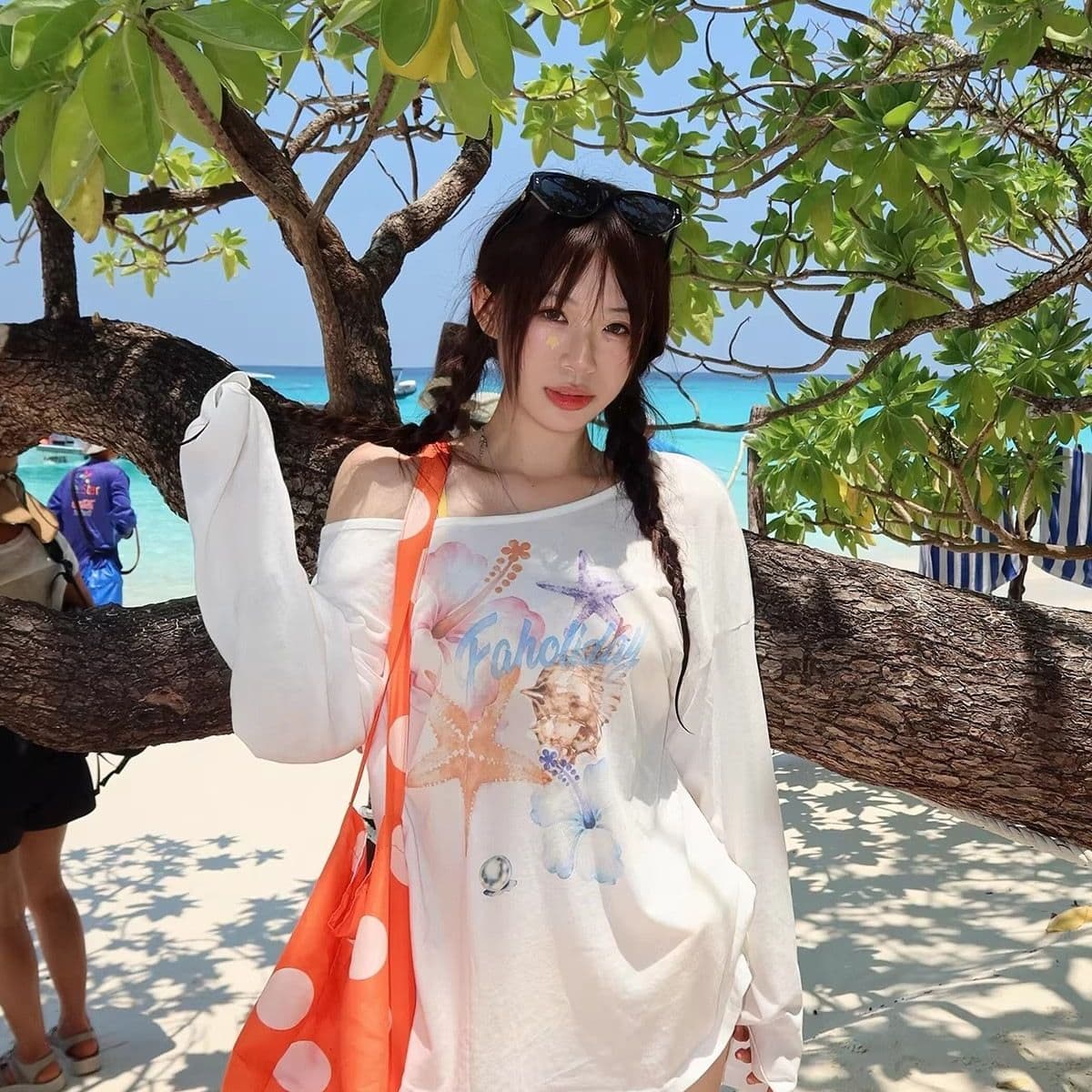 65 면 눈꽃 면 루즈핏 자외선 차단 블라우스 여성 프린트 느긋한 바람 맨위 마이크로 ~을 통해 긴팔 비스듬한 어깨 자외선 차단 블라우스 이미지 3