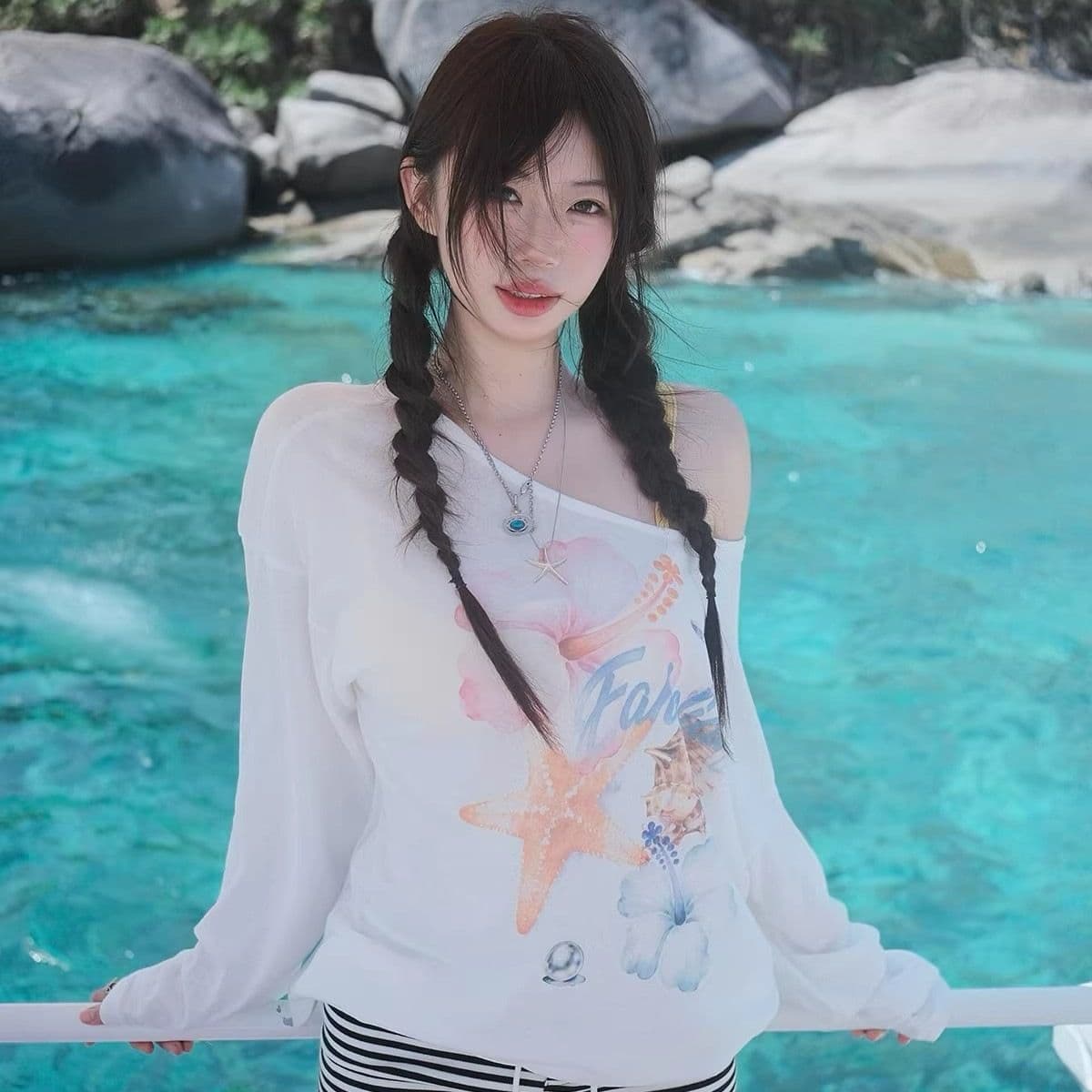 65 면 눈꽃 면 루즈핏 자외선 차단 블라우스 여성 프린트 느긋한 바람 맨위 마이크로 ~을 통해 긴팔 비스듬한 어깨 자외선 차단 블라우스 상세 이미지 4