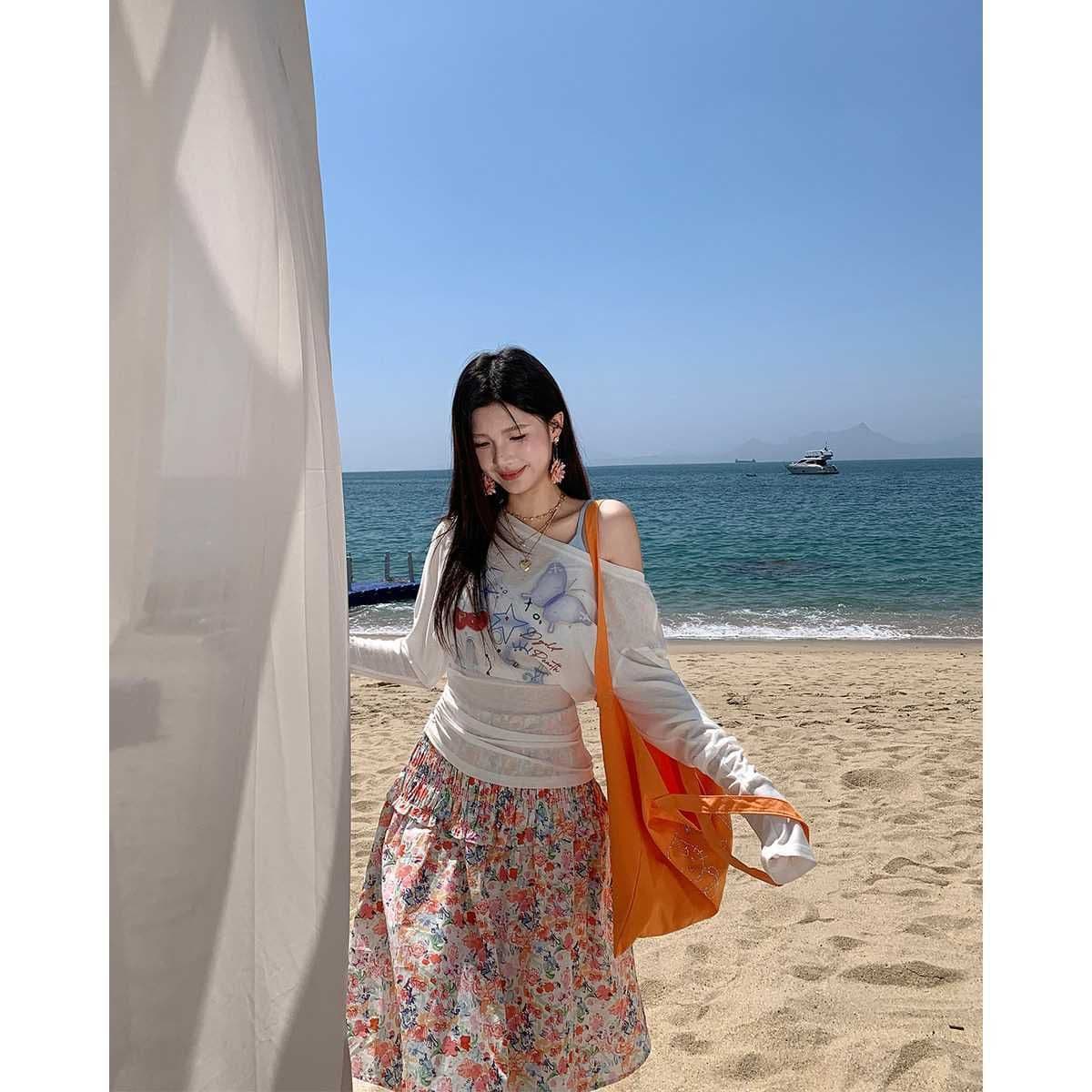 65 면 눈꽃 면 여름 새로운 비스듬한 어깨 긴팔 얇고 가벼운 자외선 차단 Tulle 블라우스 여성 여름 오프숄더 맨위 이미지 2