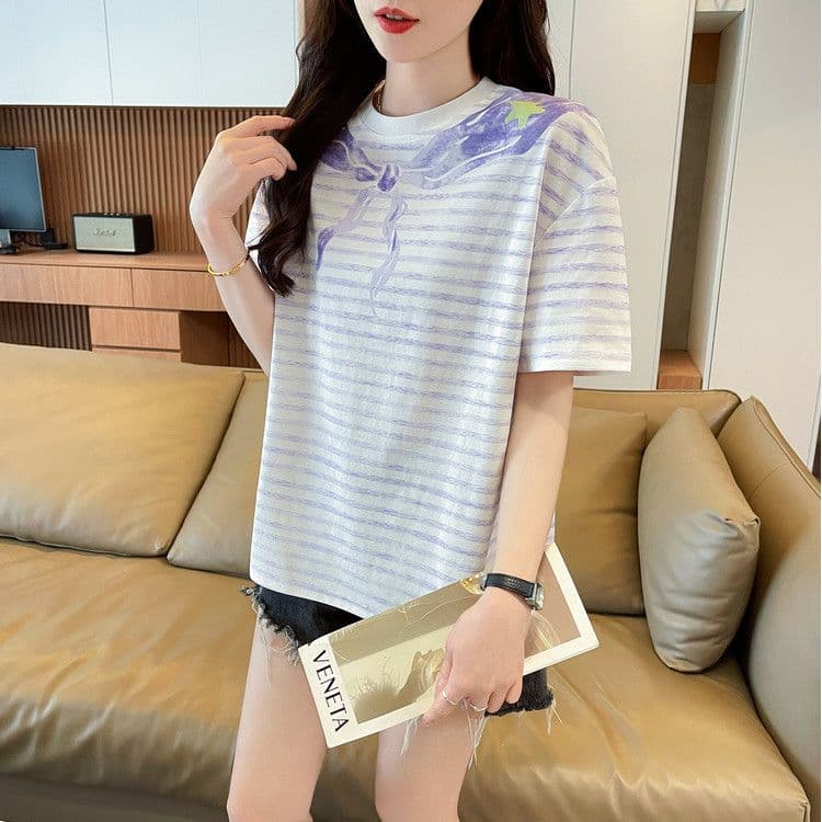 실사 62 면 38 폴리 에스터 반팔 티셔츠 여성 여름 드레스 반팔 얇은 스타일 스트라이프 루즈핏 작은 키 디자인 센스 맨위 상세 이미지 1