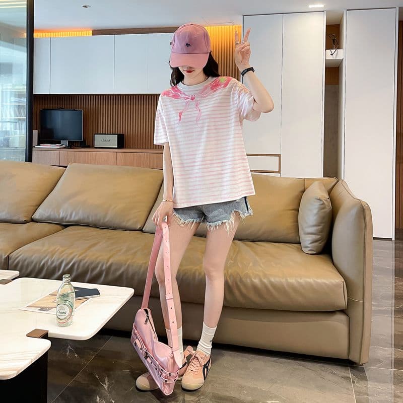 실사 62 면 38 폴리 에스터 반팔 티셔츠 여성 여름 드레스 반팔 얇은 스타일 스트라이프 루즈핏 작은 키 디자인 센스 맨위 상세 이미지 5