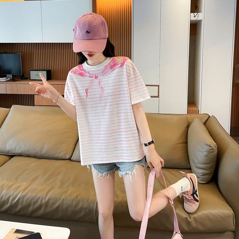 실사 62 면 38 폴리 에스터 반팔 티셔츠 여성 여름 드레스 반팔 얇은 스타일 스트라이프 루즈핏 작은 키 디자인 센스 맨위 상세 이미지 6