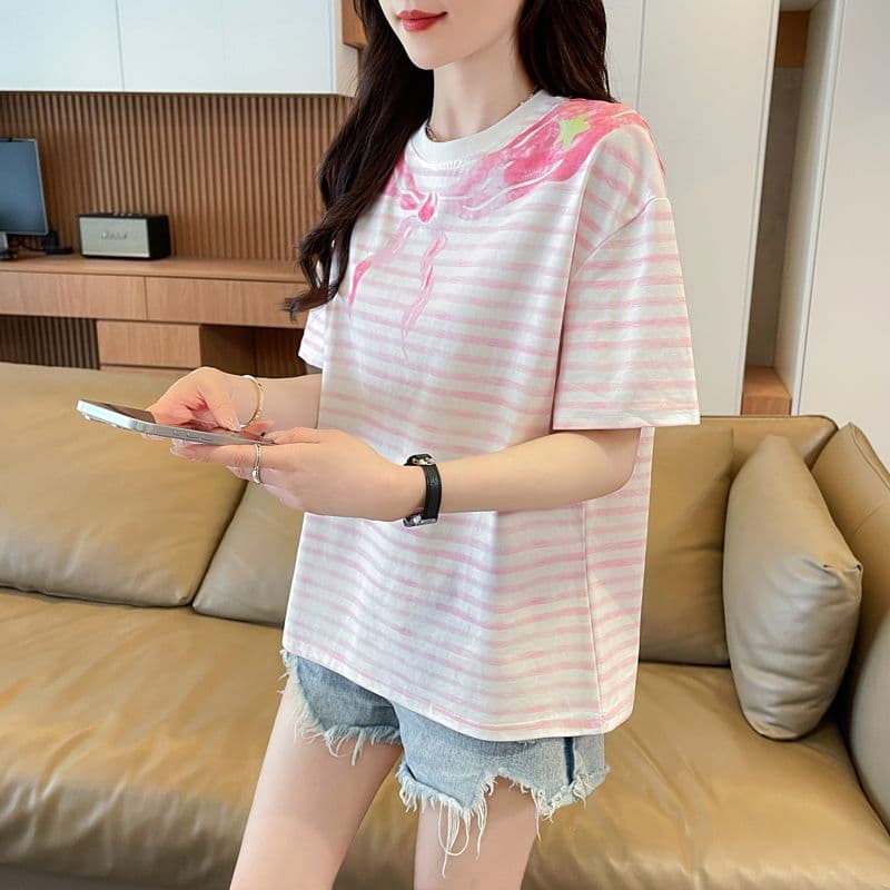실사 62 면 38 폴리 에스터 반팔 티셔츠 여성 여름 드레스 반팔 얇은 스타일 스트라이프 루즈핏 작은 키 디자인 센스 맨위 상세 이미지 9