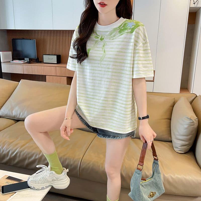 실사 62 면 38 폴리 에스터 반팔 티셔츠 여성 여름 드레스 반팔 얇은 스타일 스트라이프 루즈핏 작은 키 디자인 센스 맨위 상세 이미지 24