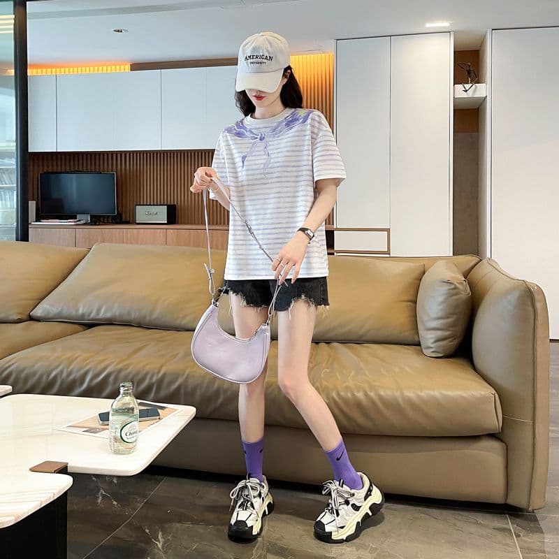 실사 62 면 38 폴리 에스터 반팔 티셔츠 여성 여름 드레스 반팔 얇은 스타일 스트라이프 루즈핏 작은 키 디자인 센스 맨위 상세 이미지 29