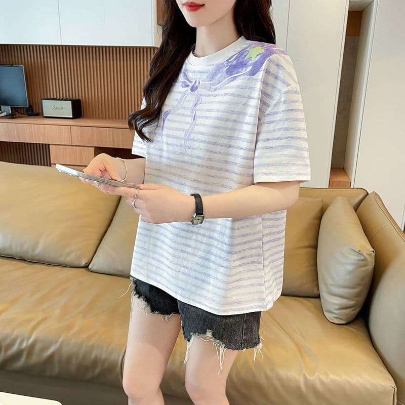 실사 62 면 38 폴리 에스터 반팔 티셔츠 여성 여름 드레스 반팔 얇은 스타일 스트라이프 루즈핏 작은 키 디자인 센스 맨위 상세 이미지 33