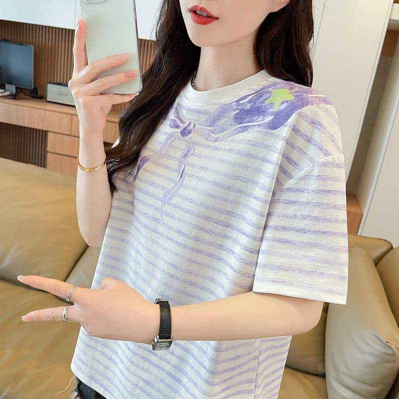 실사 62 면 38 폴리 에스터 반팔 티셔츠 여성 여름 드레스 반팔 얇은 스타일 스트라이프 루즈핏 작은 키 디자인 센스 맨위 상세 이미지 34