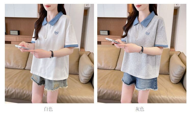 실사 180g 남자 바 면 반팔 티셔츠 여성 여름 반팔 얇은 스타일 데님 루즈핏 작은 키 디자인 센스 맨위 상세 이미지 4