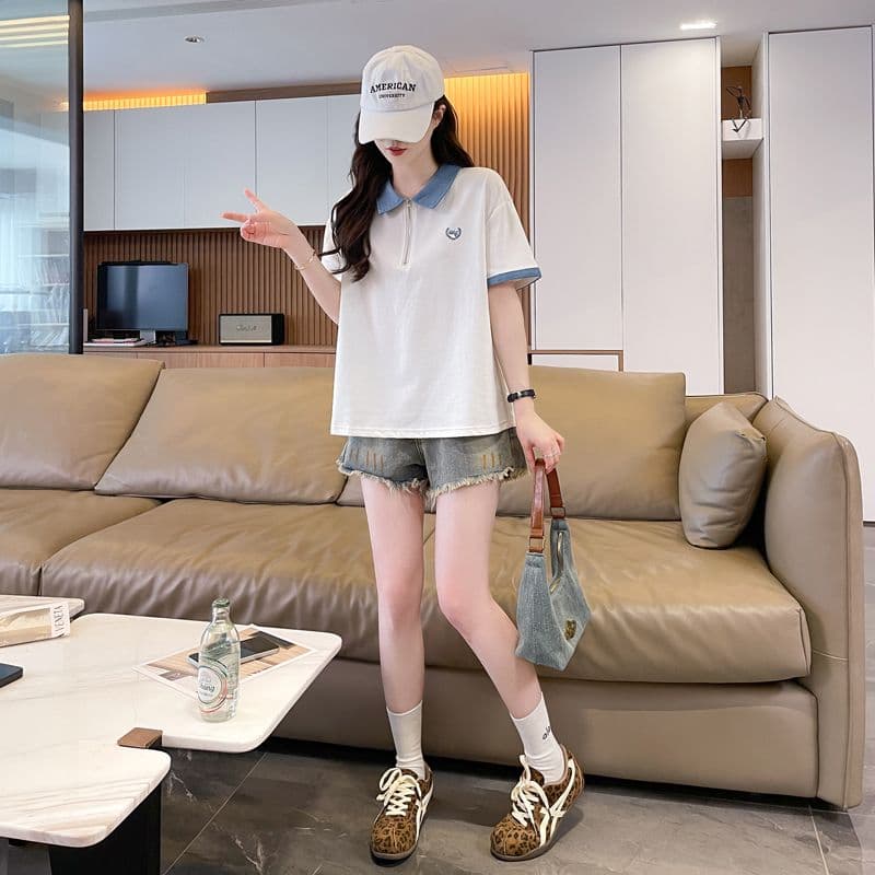 실사 180g 남자 바 면 반팔 티셔츠 여성 여름 반팔 얇은 스타일 데님 루즈핏 작은 키 디자인 센스 맨위 상세 이미지 5