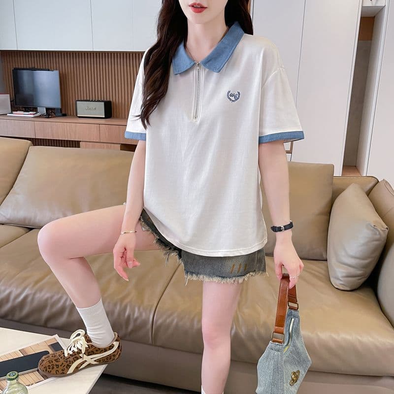 실사 180g 남자 바 면 반팔 티셔츠 여성 여름 반팔 얇은 스타일 데님 루즈핏 작은 키 디자인 센스 맨위 상세 이미지 7
