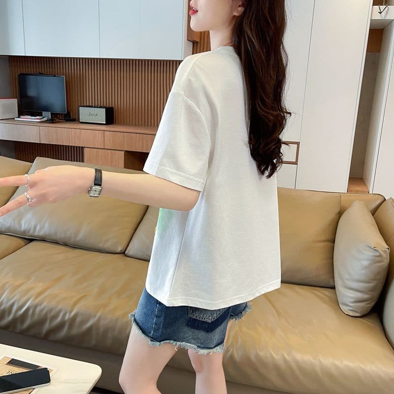 실사 62 면 38 폴리 에스터 반팔 티셔츠 여성 여름 드레스 반팔 얇은 스타일 홀치기 염색 루즈핏 작은 키 디자인 센스 맨위 이미지 4