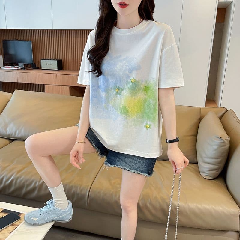 실사 62 면 38 폴리 에스터 반팔 티셔츠 여성 여름 드레스 반팔 얇은 스타일 홀치기 염색 루즈핏 작은 키 디자인 센스 맨위 이미지 3