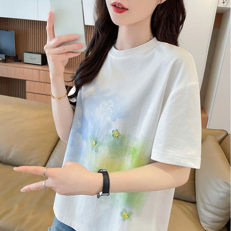 실사 62 면 38 폴리 에스터 반팔 티셔츠 여성 여름 드레스 반팔 얇은 스타일 홀치기 염색 루즈핏 작은 키 디자인 센스 맨위 상세 이미지 1