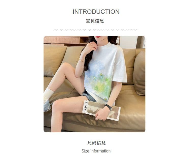 실사 62 면 38 폴리 에스터 반팔 티셔츠 여성 여름 드레스 반팔 얇은 스타일 홀치기 염색 루즈핏 작은 키 디자인 센스 맨위 상세 이미지 2
