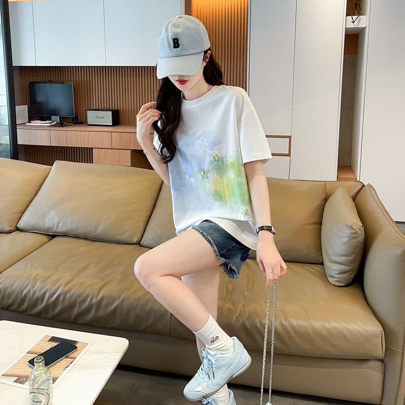 실사 62 면 38 폴리 에스터 반팔 티셔츠 여성 여름 드레스 반팔 얇은 스타일 홀치기 염색 루즈핏 작은 키 디자인 센스 맨위 상세 이미지 5