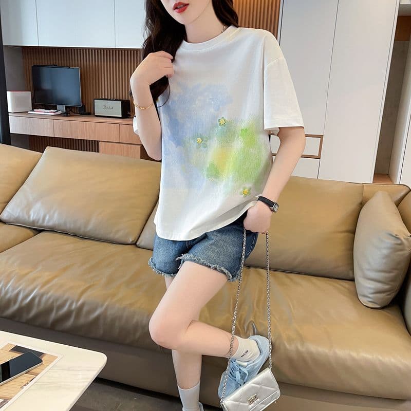 실사 62 면 38 폴리 에스터 반팔 티셔츠 여성 여름 드레스 반팔 얇은 스타일 홀치기 염색 루즈핏 작은 키 디자인 센스 맨위 상세 이미지 7
