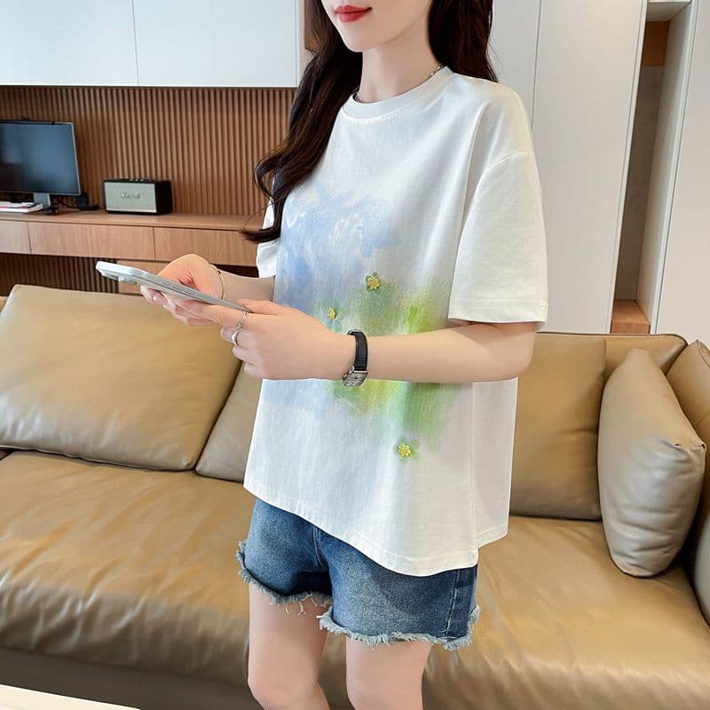 실사 62 면 38 폴리 에스터 반팔 티셔츠 여성 여름 드레스 반팔 얇은 스타일 홀치기 염색 루즈핏 작은 키 디자인 센스 맨위 상세 이미지 8
