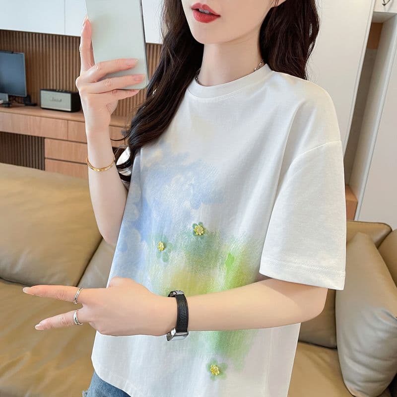 실사 62 면 38 폴리 에스터 반팔 티셔츠 여성 여름 드레스 반팔 얇은 스타일 홀치기 염색 루즈핏 작은 키 디자인 센스 맨위 상세 이미지 9