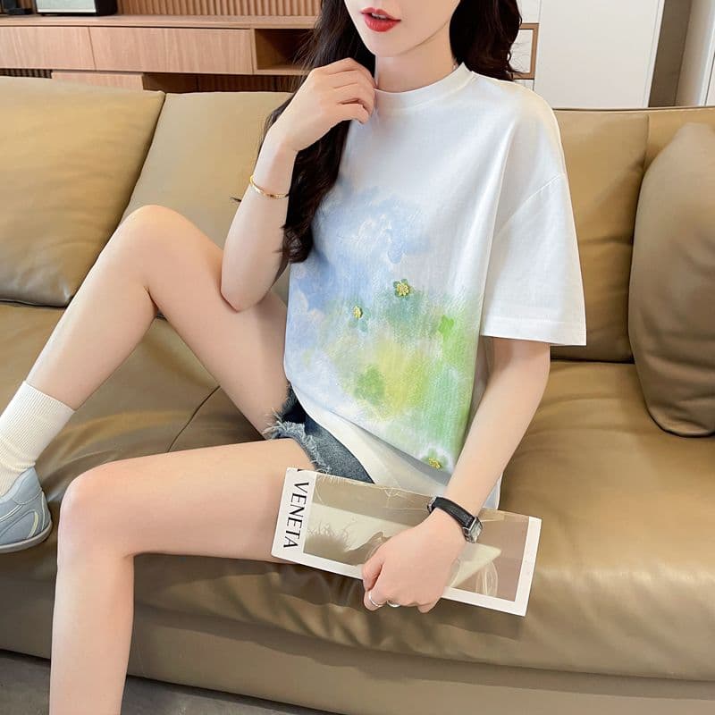 실사 62 면 38 폴리 에스터 반팔 티셔츠 여성 여름 드레스 반팔 얇은 스타일 홀치기 염색 루즈핏 작은 키 디자인 센스 맨위 상세 이미지 11