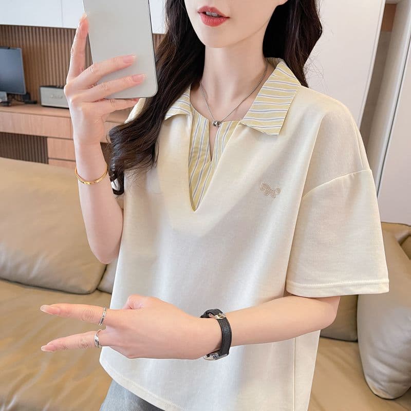 실사 180g 남자 바 면 반팔 티셔츠 여성 여름 드레스 얇은 스타일 패치워크 POLO 칼라 루즈핏 작은 키 맨위 이미지 2