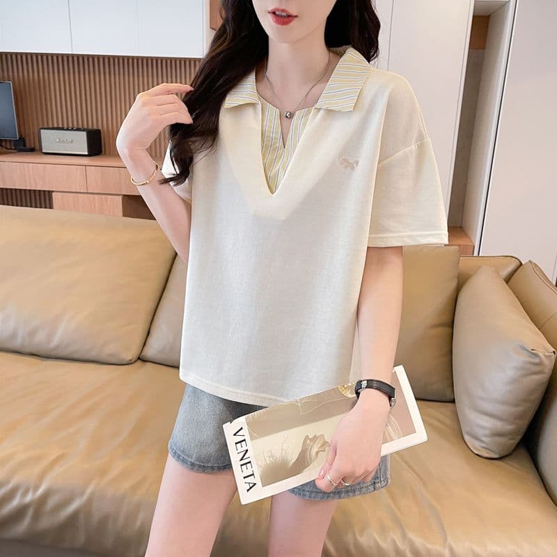 실사 180g 남자 바 면 반팔 티셔츠 여성 여름 드레스 얇은 스타일 패치워크 POLO 칼라 루즈핏 작은 키 맨위 이미지 4