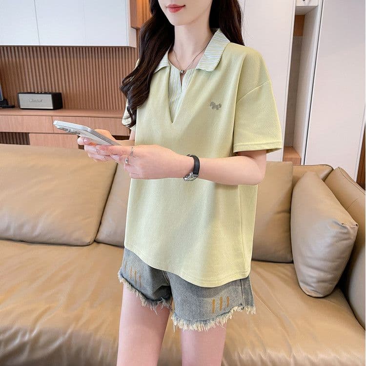 실사 180g 남자 바 면 반팔 티셔츠 여성 여름 드레스 얇은 스타일 패치워크 POLO 칼라 루즈핏 작은 키 맨위 상세 이미지 1
