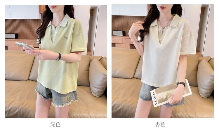 실사 180g 남자 바 면 반팔 티셔츠 여성 여름 드레스 얇은 스타일 패치워크 POLO 칼라 루즈핏 작은 키 맨위 상세 이미지 4