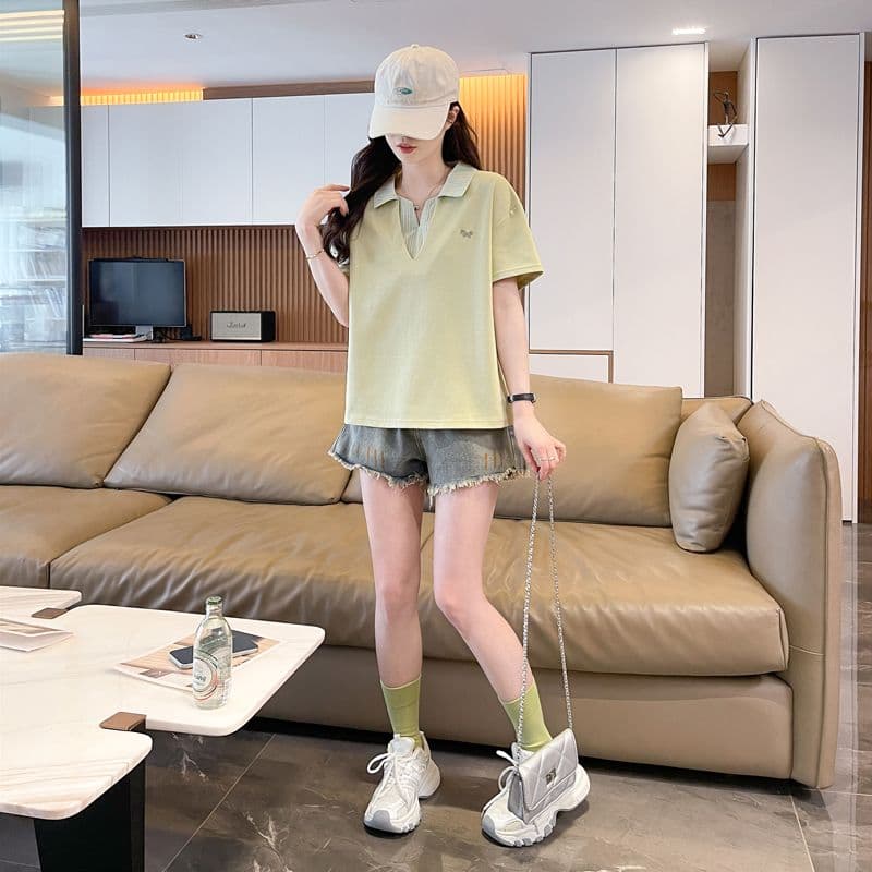 실사 180g 남자 바 면 반팔 티셔츠 여성 여름 드레스 얇은 스타일 패치워크 POLO 칼라 루즈핏 작은 키 맨위 상세 이미지 5