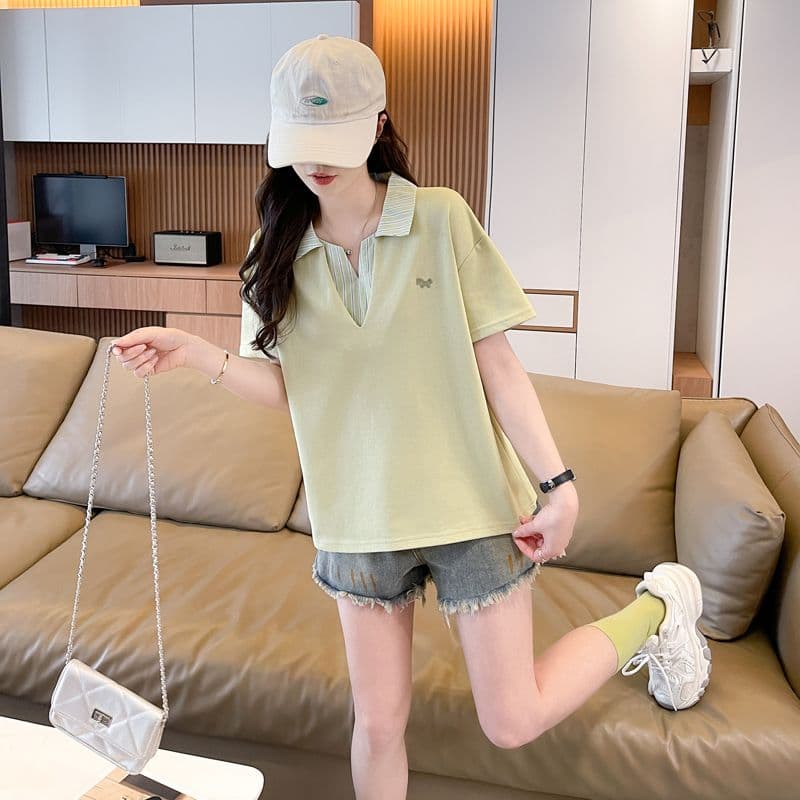 실사 180g 남자 바 면 반팔 티셔츠 여성 여름 드레스 얇은 스타일 패치워크 POLO 칼라 루즈핏 작은 키 맨위 상세 이미지 6