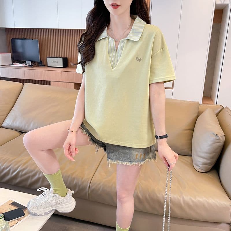 실사 180g 남자 바 면 반팔 티셔츠 여성 여름 드레스 얇은 스타일 패치워크 POLO 칼라 루즈핏 작은 키 맨위 상세 이미지 7