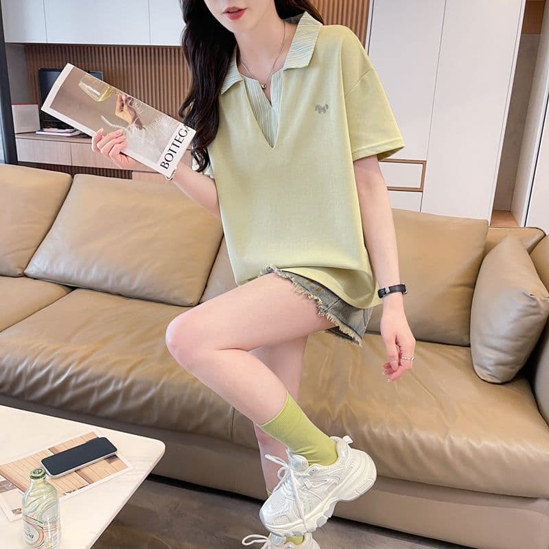 실사 180g 남자 바 면 반팔 티셔츠 여성 여름 드레스 얇은 스타일 패치워크 POLO 칼라 루즈핏 작은 키 맨위 상세 이미지 10