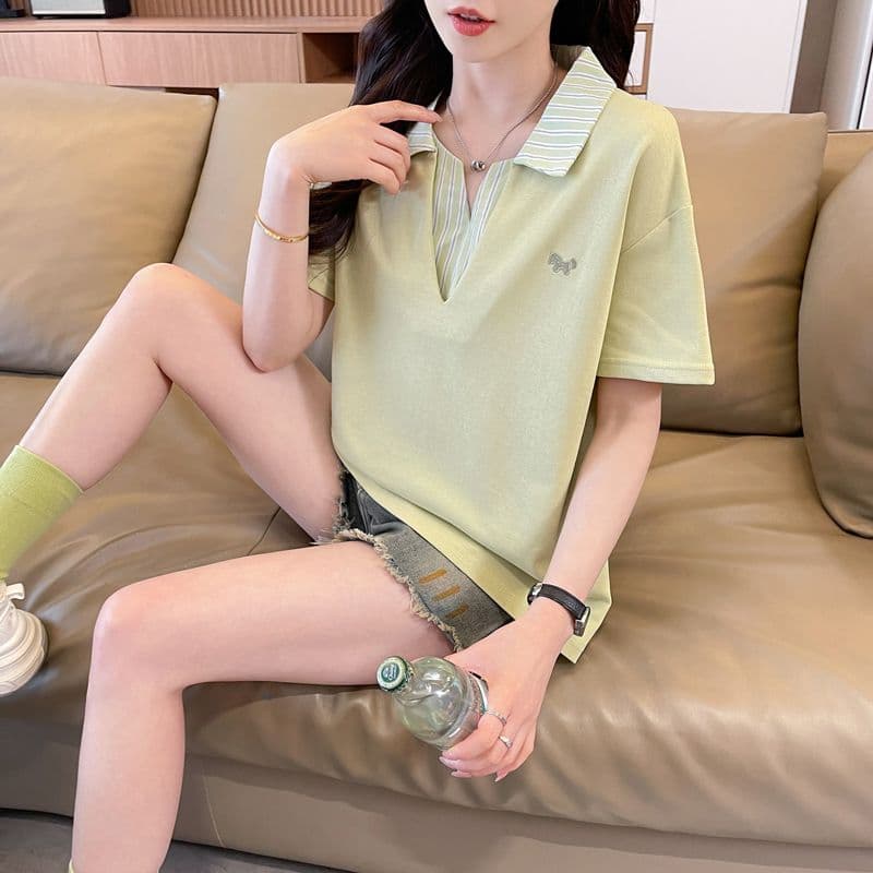 실사 180g 남자 바 면 반팔 티셔츠 여성 여름 드레스 얇은 스타일 패치워크 POLO 칼라 루즈핏 작은 키 맨위 상세 이미지 12