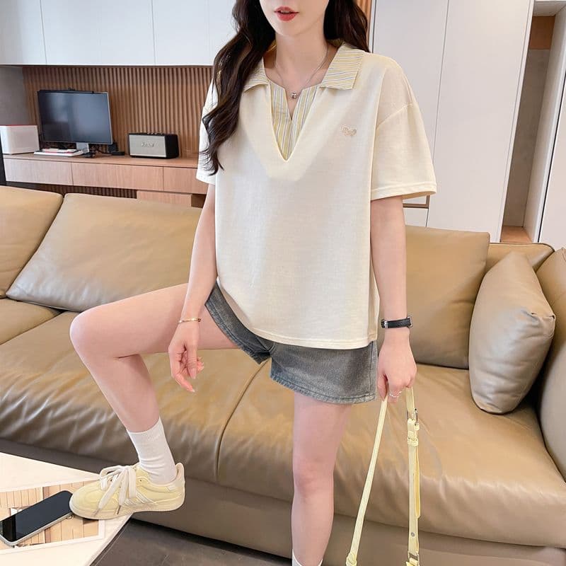 실사 180g 남자 바 면 반팔 티셔츠 여성 여름 드레스 얇은 스타일 패치워크 POLO 칼라 루즈핏 작은 키 맨위 상세 이미지 15