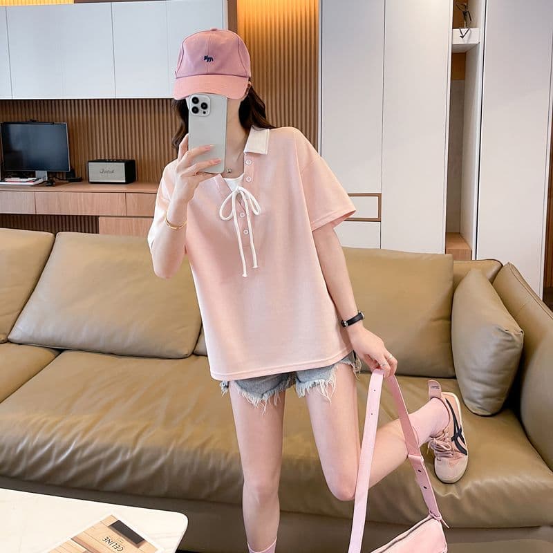 실사 180g 남자 바 면 반팔 티셔츠 여성 여름 드레스 얇은 스타일 배색 POLO 칼라 루즈핏 작은 키 맨위 상세 이미지 14