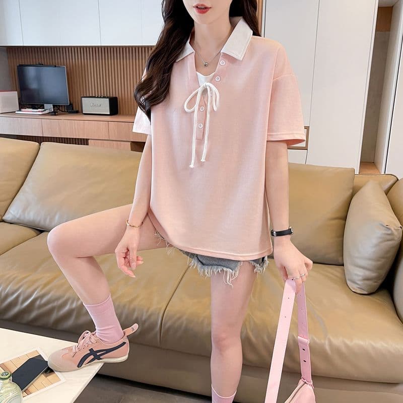 실사 180g 남자 바 면 반팔 티셔츠 여성 여름 드레스 얇은 스타일 배색 POLO 칼라 루즈핏 작은 키 맨위 상세 이미지 15