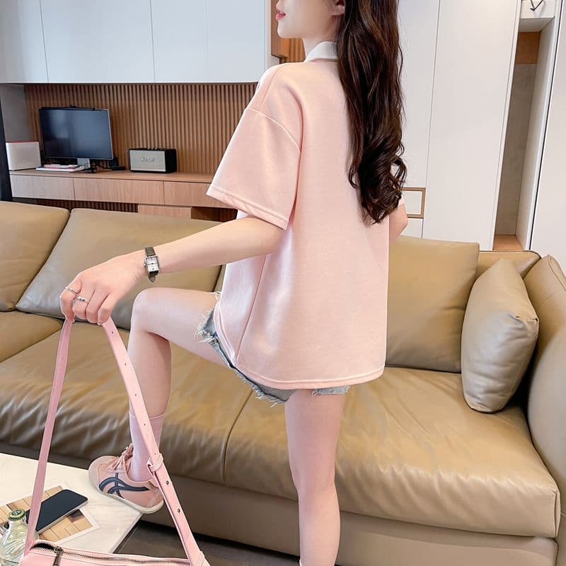 실사 180g 남자 바 면 반팔 티셔츠 여성 여름 드레스 얇은 스타일 배색 POLO 칼라 루즈핏 작은 키 맨위 상세 이미지 19