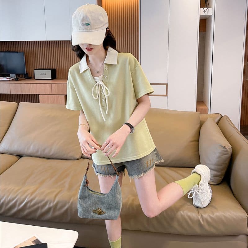 실사 180g 남자 바 면 반팔 티셔츠 여성 여름 드레스 얇은 스타일 배색 POLO 칼라 루즈핏 작은 키 맨위 상세 이미지 22
