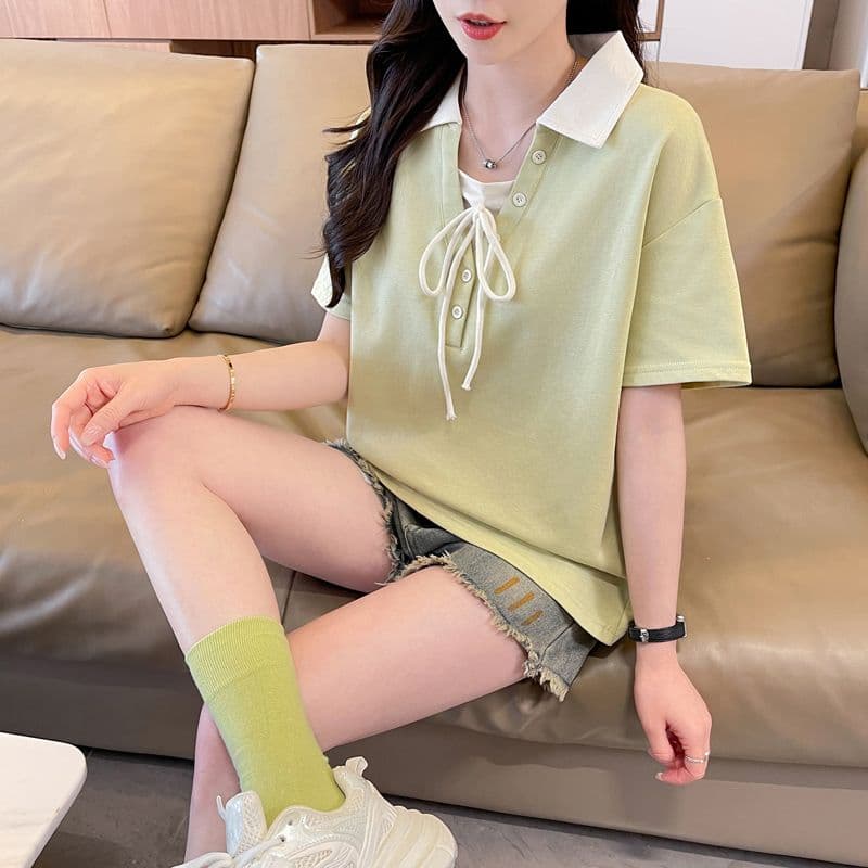 실사 180g 남자 바 면 반팔 티셔츠 여성 여름 드레스 얇은 스타일 배색 POLO 칼라 루즈핏 작은 키 맨위 상세 이미지 28