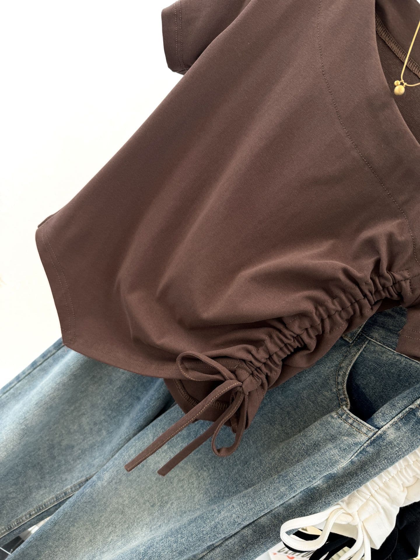 실사 불규칙 펌프 로프 허리 수축 밑단 반팔 티셔츠 여성 여름 몸매 가꾸기 기본 셔츠 작은 키 쇼트 스타일 맨위 상세 이미지 13