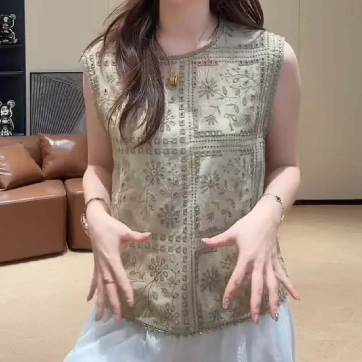 여름 한 부서 디자인 센스 홀로우 아웃 레이스 품격 다용도 작은 셔츠 패션 민소매 맨위 상세 이미지 8