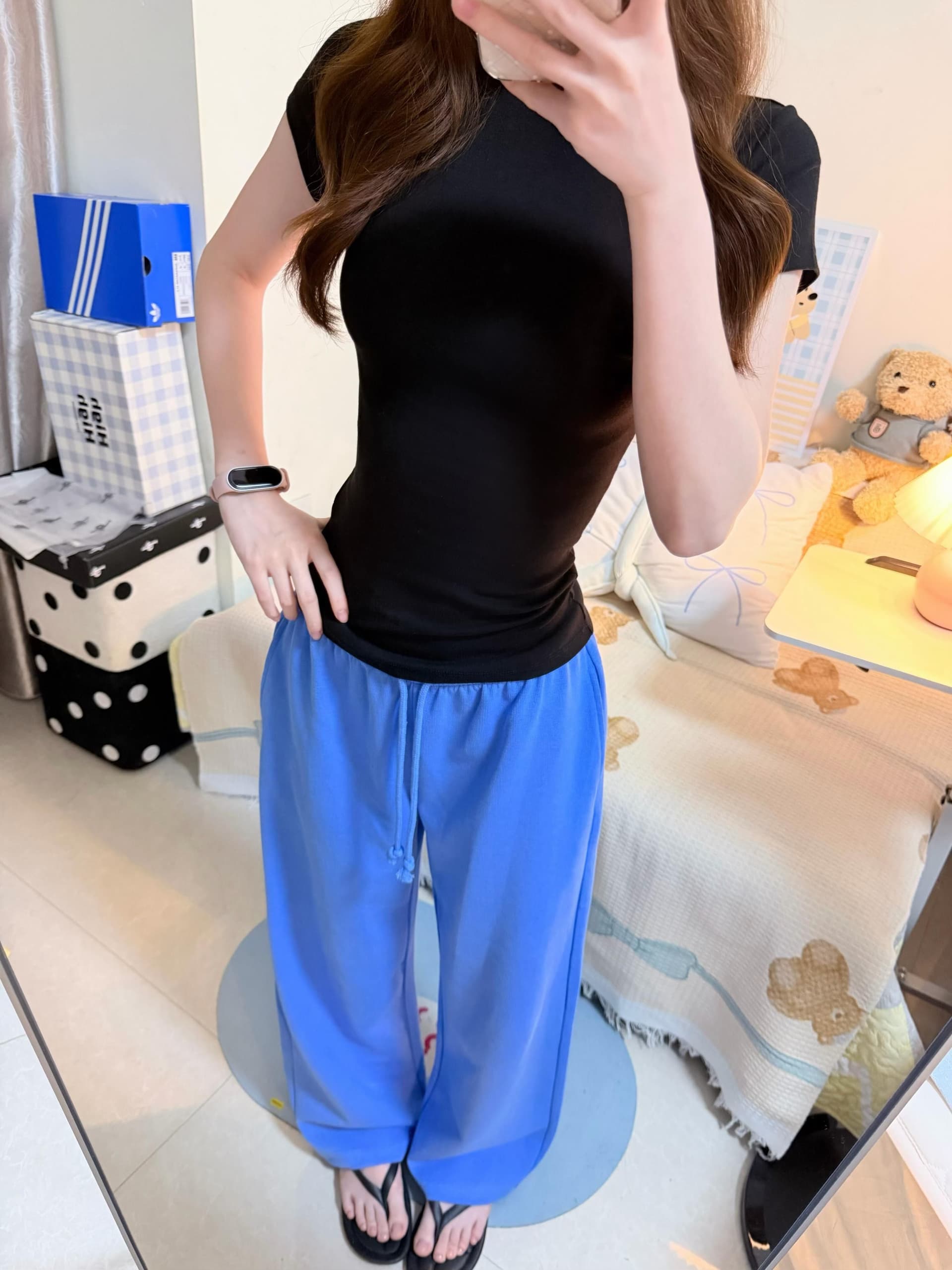 허리밴드 루즈핏 얇은 스타일 캐주얼 넓은 다리 2026 여름 새로운 스트레이트 긴 바지 다용도 파란색 긴 바지 상세 이미지 2