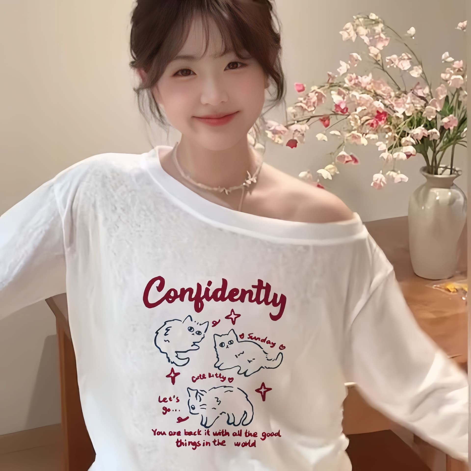 65 면 화이트 만화 고양이 프린트 비스듬한 어깨 긴팔 티셔츠 여성 여름 루즈핏 마이크로 ~을 통해 자외선 차단 블라우스 맨위 상세 이미지 4