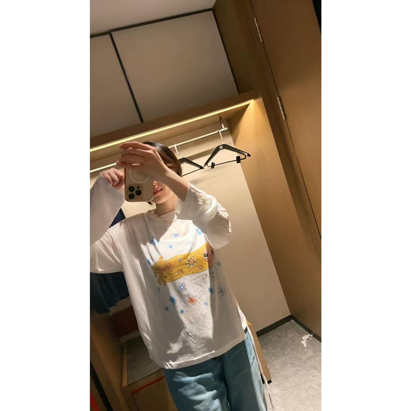 65 면 눈꽃 면 느슨함 센스 만화 프린트 긴팔 티셔츠 여성 여름 느긋한 얇은 스타일 자외선 차단 블라우스 맨위 상세 이미지 4